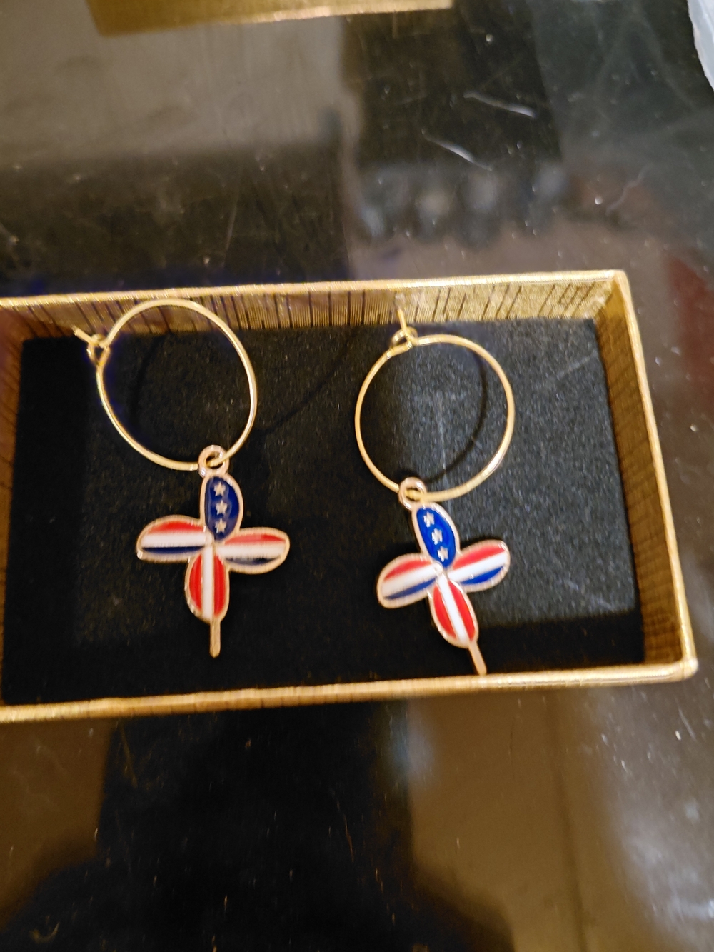 Gold Hoop Earrings with American Flag Cross Charms - Blue Red White